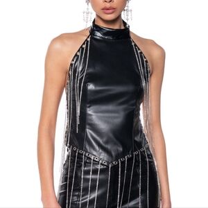 NEW Black Rhinestone Fringe Halter Top Faux Leather Sleeveless Open Back
